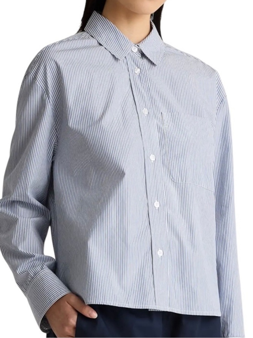 Quince Organic Cotton Poplin Cropped Long Sleeve in Light Blue Stripe